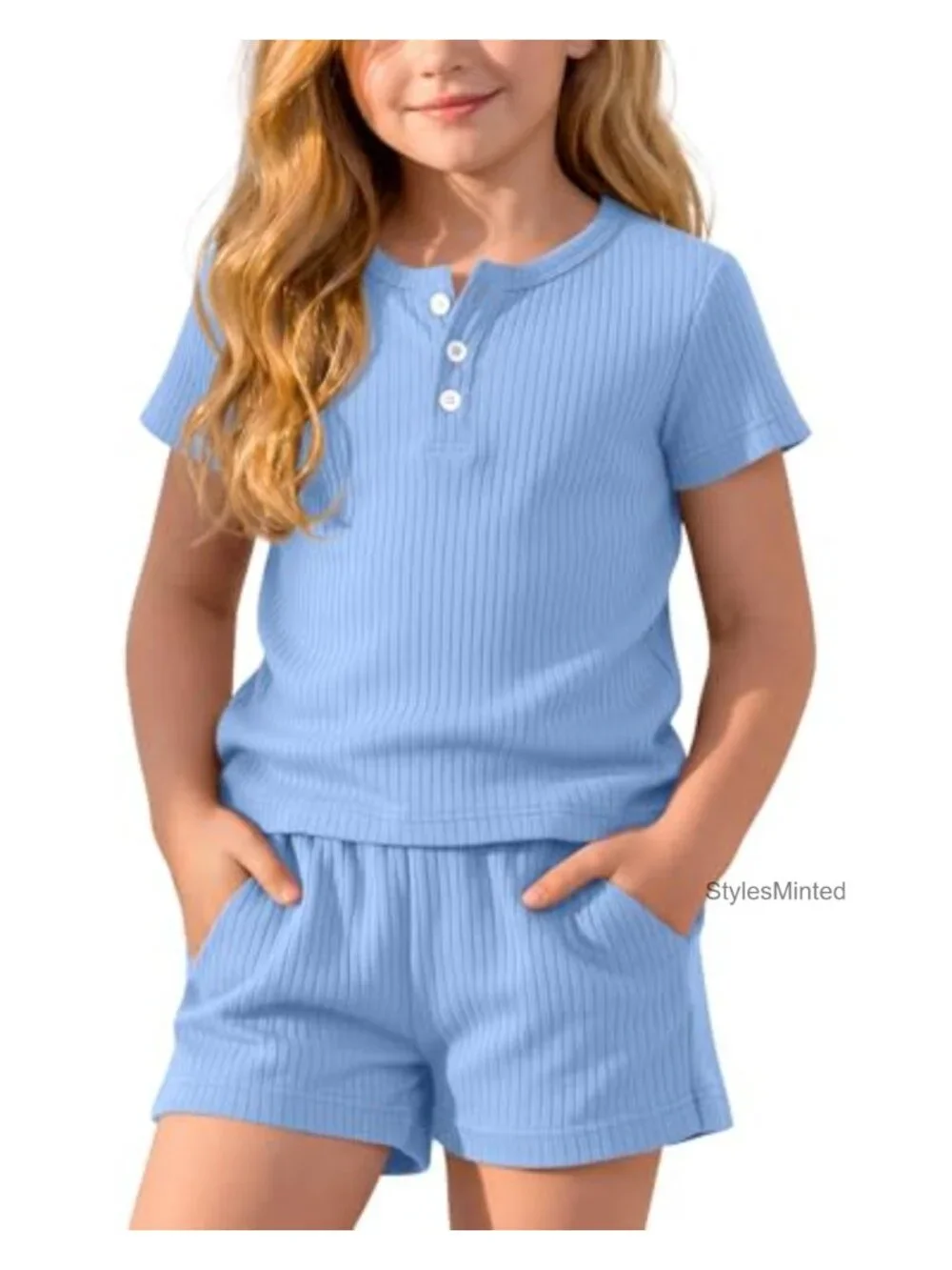 Girls 2 Piece Cotton Summer Outfit Set - Short Sleeve Top & Shorts, Henley